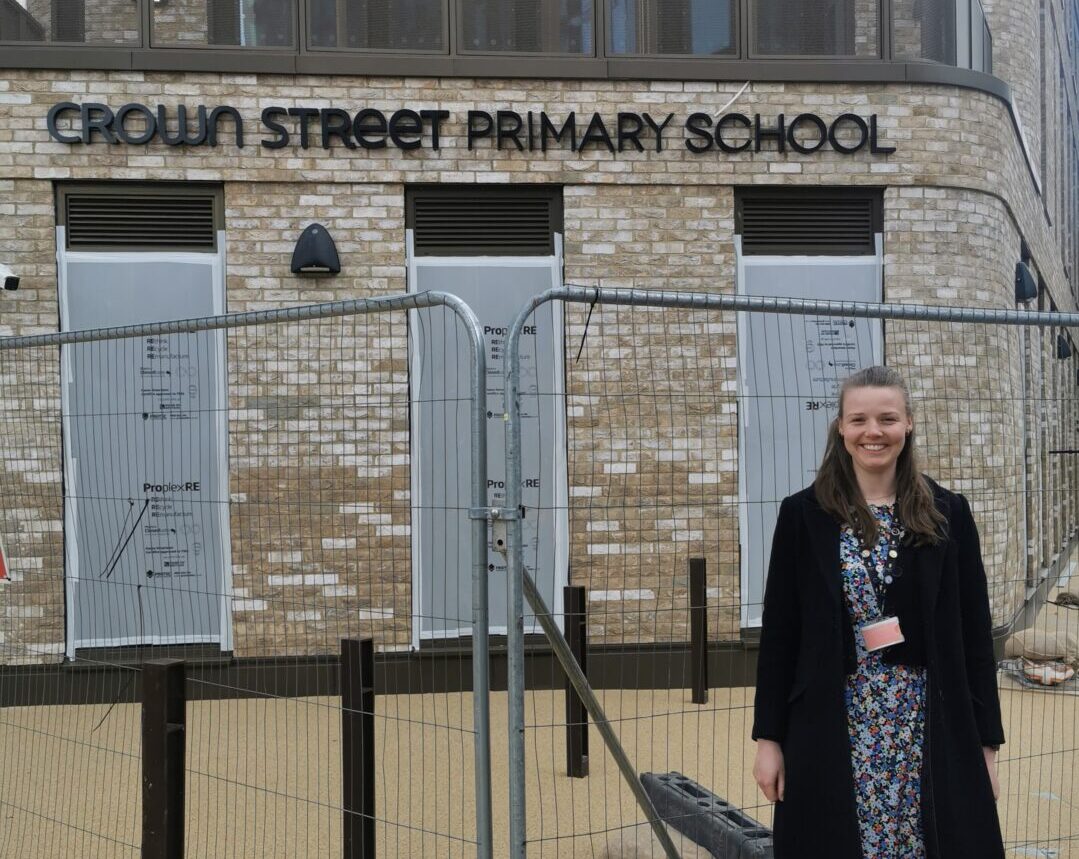 Image of Miss Hopkins outside Crown Street Primary School, prior to the school opening in September 2024.